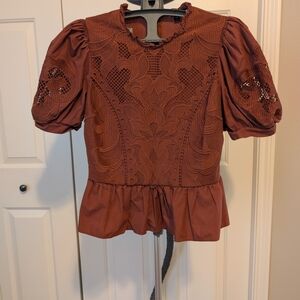 Express Brown Lace Puff Sleeve Blouse